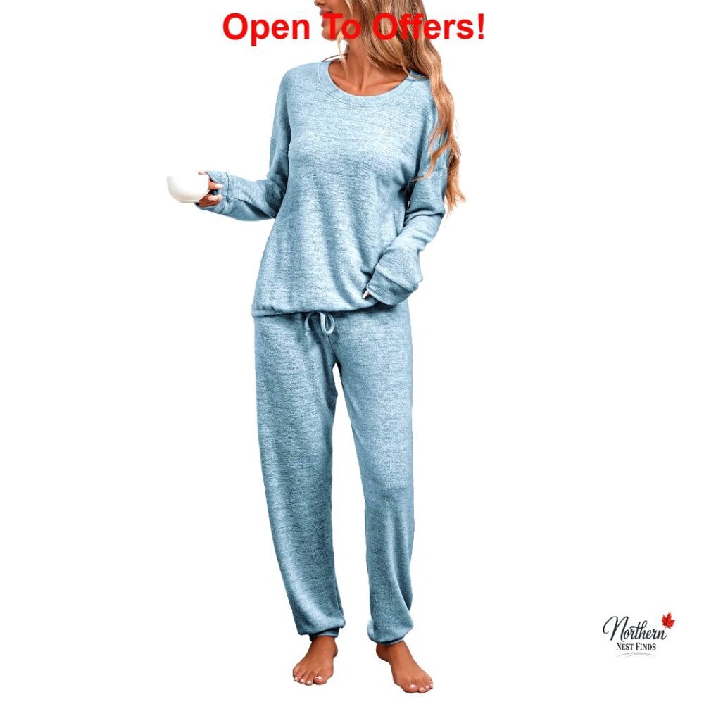 Ribbed Knit Loungewear Set Crewneck Pullover Jogger Pants Pajamas